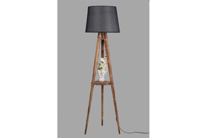 Francesca Driepoot Vloerlamp met Rek, Zwart en Pijnboomhout