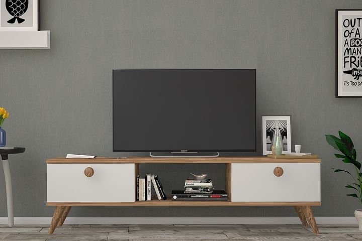 Eleanor TV-Lowboard mit Holzbeinen, 140 cm, Kiefer & Weiß