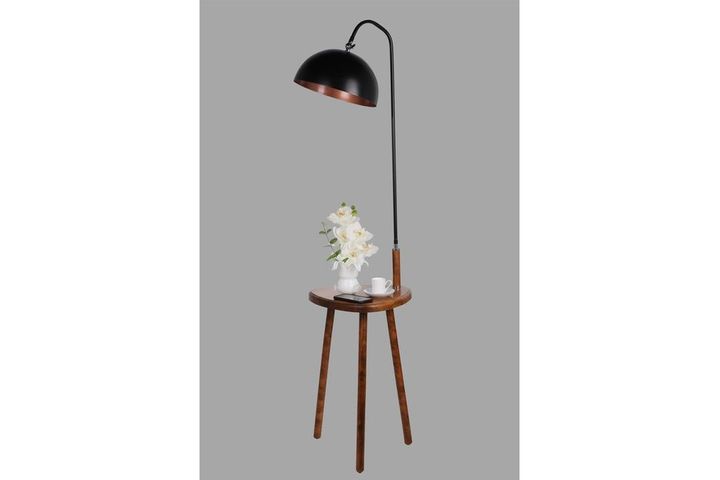 Broad Crag Vloerlamp met Houten Rek, Zwart & Walnoot