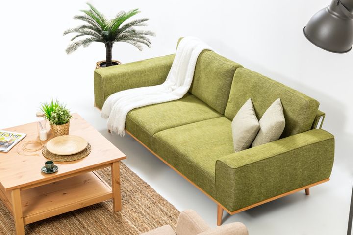 Merina 3-ZitsbankIn Linnen Stof Stof, Groene en Gele