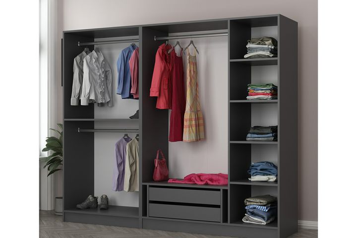 Medway Tideway Garderobe met 5 Glazen Deuren en 2 Laden, 210 cm, Antraciet en Zwart