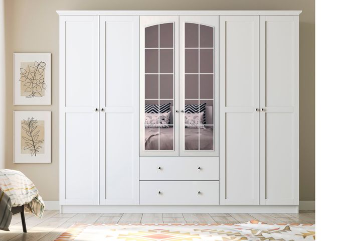 Zenio Side Rose Kleiderschrank mit 6 Türen, 2 Schubladen, und Spiegel, Weiß