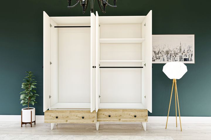 Perlino Kledingkast met 4 Deuren, 2 Lades en Voeten