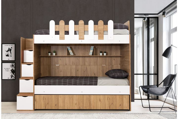 Ocean Bunk Bed with Trundle, 90 x 190 cm, Walnut & White