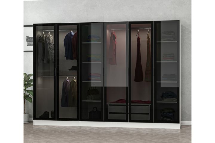 Medway Tideway Kledingkast met 6 Deuren en 2 Lades, 210 cm, Wit en Zwart