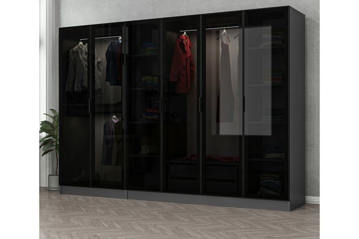 Medway Tideway Garderobe met 6 Glazen Deuren en 2 Laden, 210 cm, Antraciet en Zwart