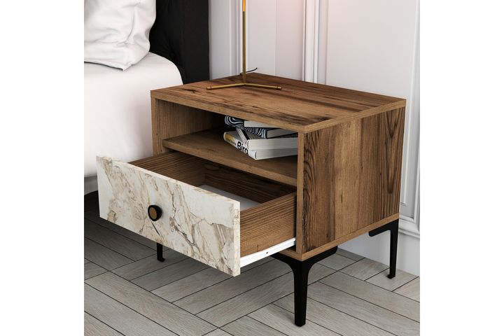 Lissabon Bedside Table, Walnut & White