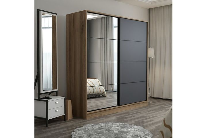 Medway Kledingkast met Schuifdeuren en Spiegel, 180 cm, Walnoot en Antraciet