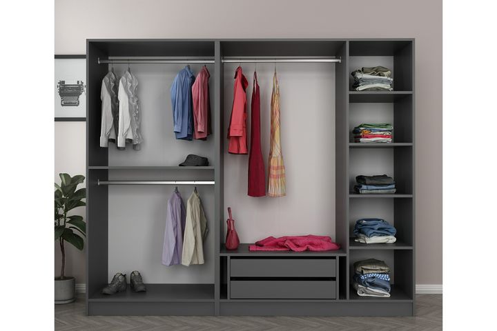 Medway Tideway Garderobe met 5 Glazen Deuren en 2 Laden, 210 cm, Antraciet en Zwart