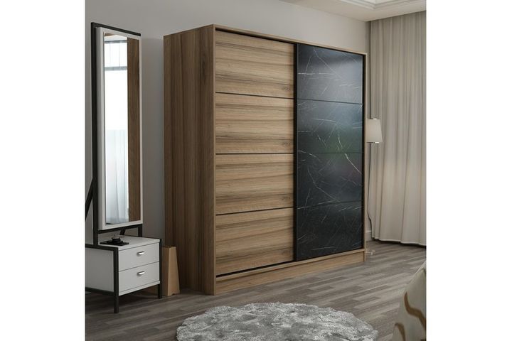 Medway Kledingkast met Schuifdeuren, 180 cm, Zwart en Walnoot