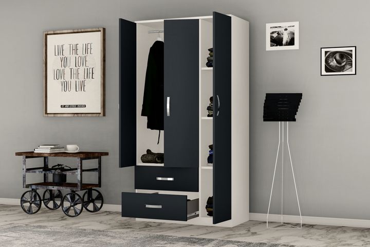 Modena Kledingkast met 3 Deuren en 2 Lades, Wit en Antraciet
