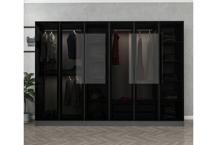 Medway Tideway Garderobe met 6 Glazen Deuren en 2 Laden, 210 cm, Antraciet en Zwart