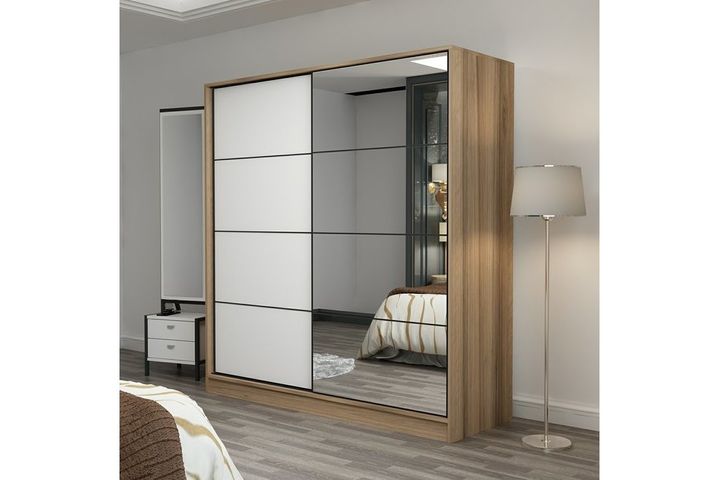 Medway Kledingkast met Schuifdeuren en Spiegel, 180 cm, Walnoot en Wit