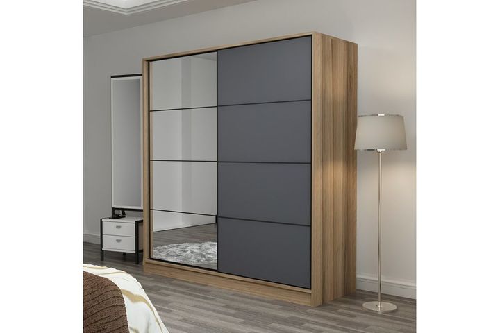 Medway Kledingkast met Schuifdeuren en Spiegel, 180 cm, Walnoot en Antraciet