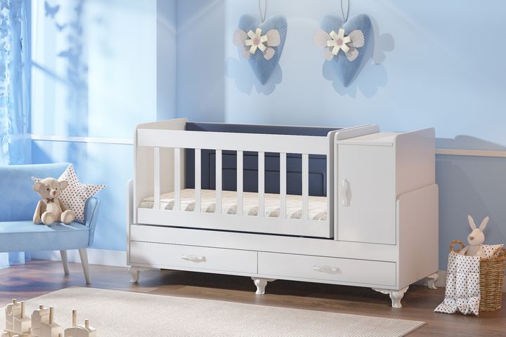 Mutter Babybett mit Schrank und Schubladen, 60x120 cm, Weiß