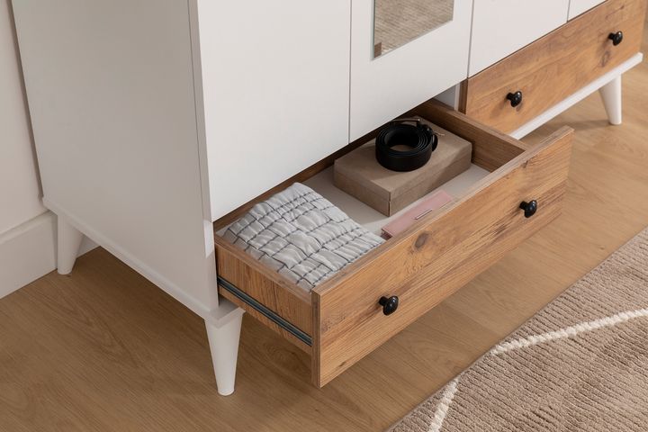 Belloir Kledingkast met 4 Deuren en 2 Lades, Wit en Pijnboom