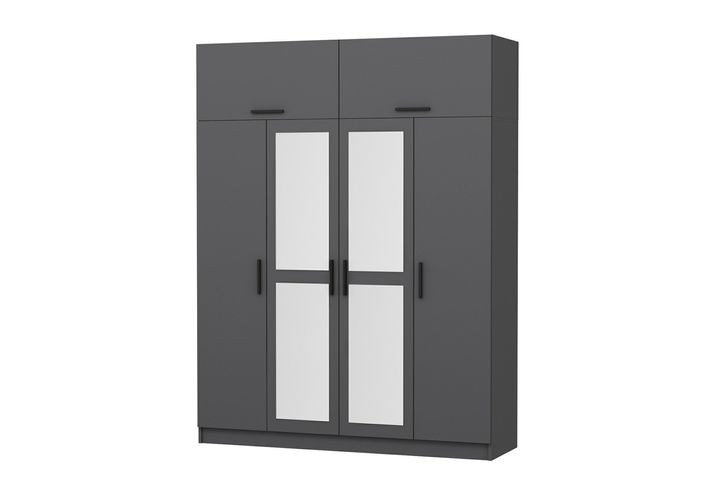 Medway Kledingkast met 4 Deuren, Bovenkast & Spiegel, 210 cm, Antraciet