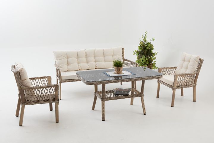 Pirus Rattan 3+1+1 Tuinloungeset, Beige