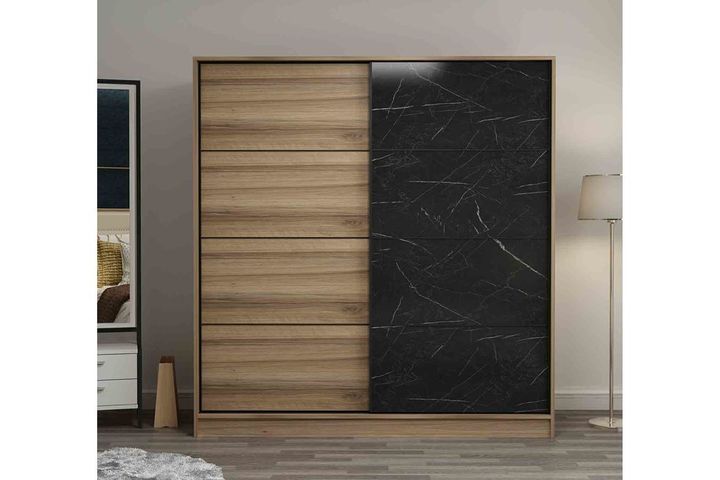 Medway Kledingkast met Schuifdeuren, 180 cm, Zwart en Walnoot