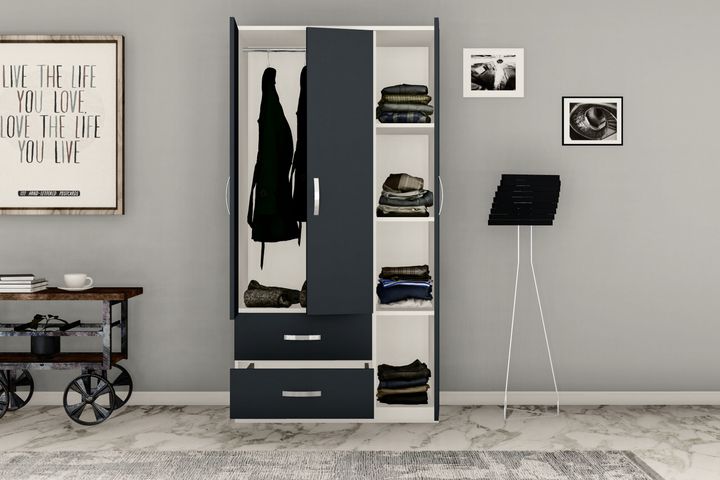 Modena Kledingkast met 3 Deuren en 2 Lades, Wit en Antraciet