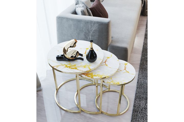 Set van 2 in elkaar passende salontafels, ronde tafel, marmerlook, gouden metalen structuur, D71,5x44 Set van 2 in elkaar passende salontafels, ronde tafel, marmerlook, gouden metalen structuur, D71,5x44