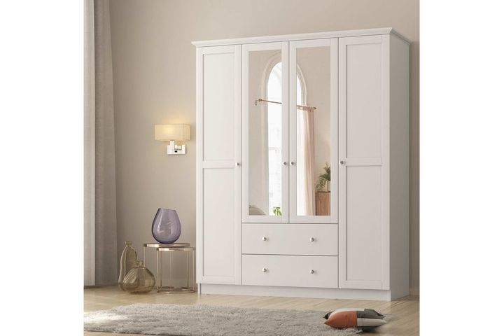 Zenio Side Kleiderschrank mit 4 Türen, | Schubladen, Spiegel, Weiß und 2 Deutschland Vivense