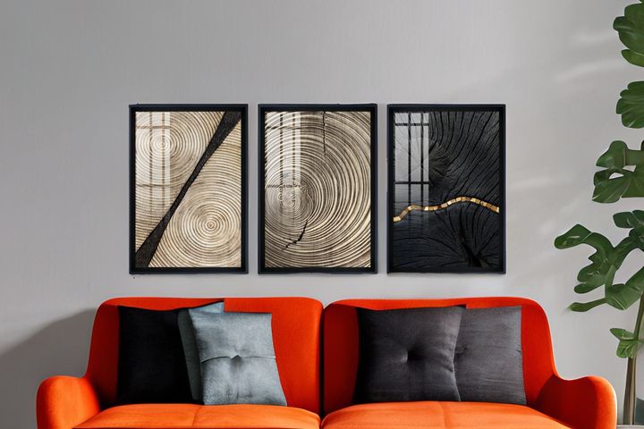 Tree Section Art Print with Frame, Triptych, Black