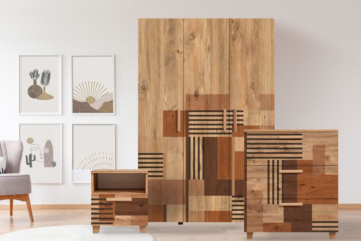 Leva Colorblock Kledingkast met 3 Deuren, Pijnboom