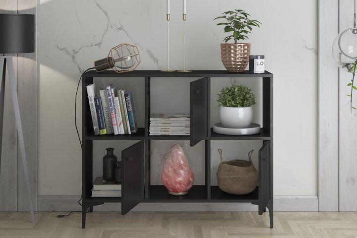Orbit Multifunctionele Kast met 3 Deuren en Metalen Poten, Zwart