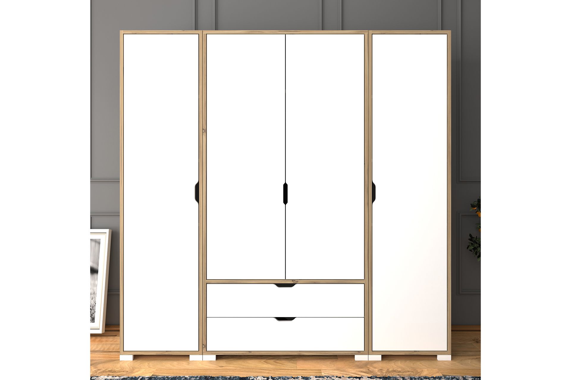 Manorala Kleiderschrank mit 4 Türen und 2 Schubladen, Weiß & Eiche