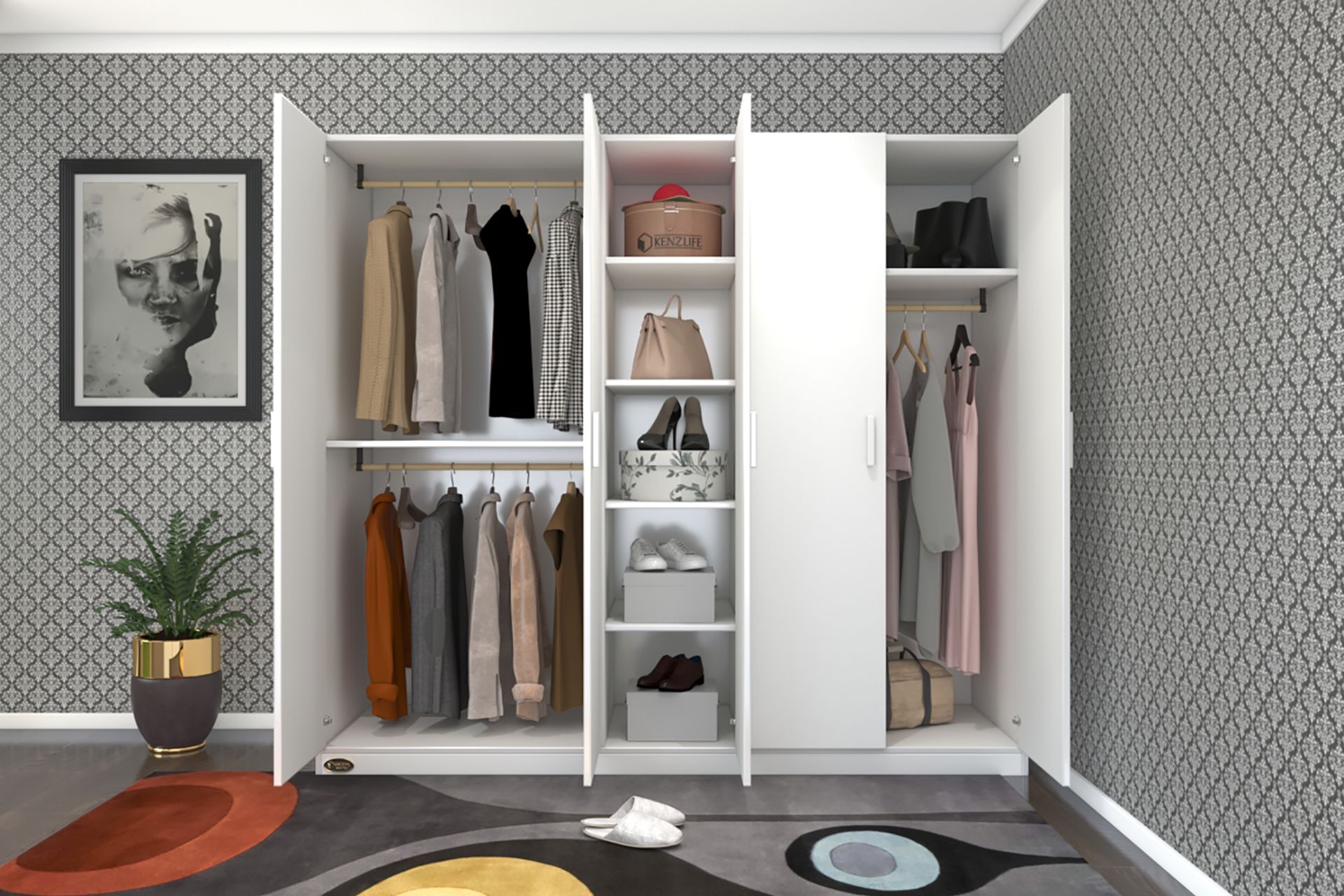 Lilium 5 Door Wardrobe, White | Vivense London