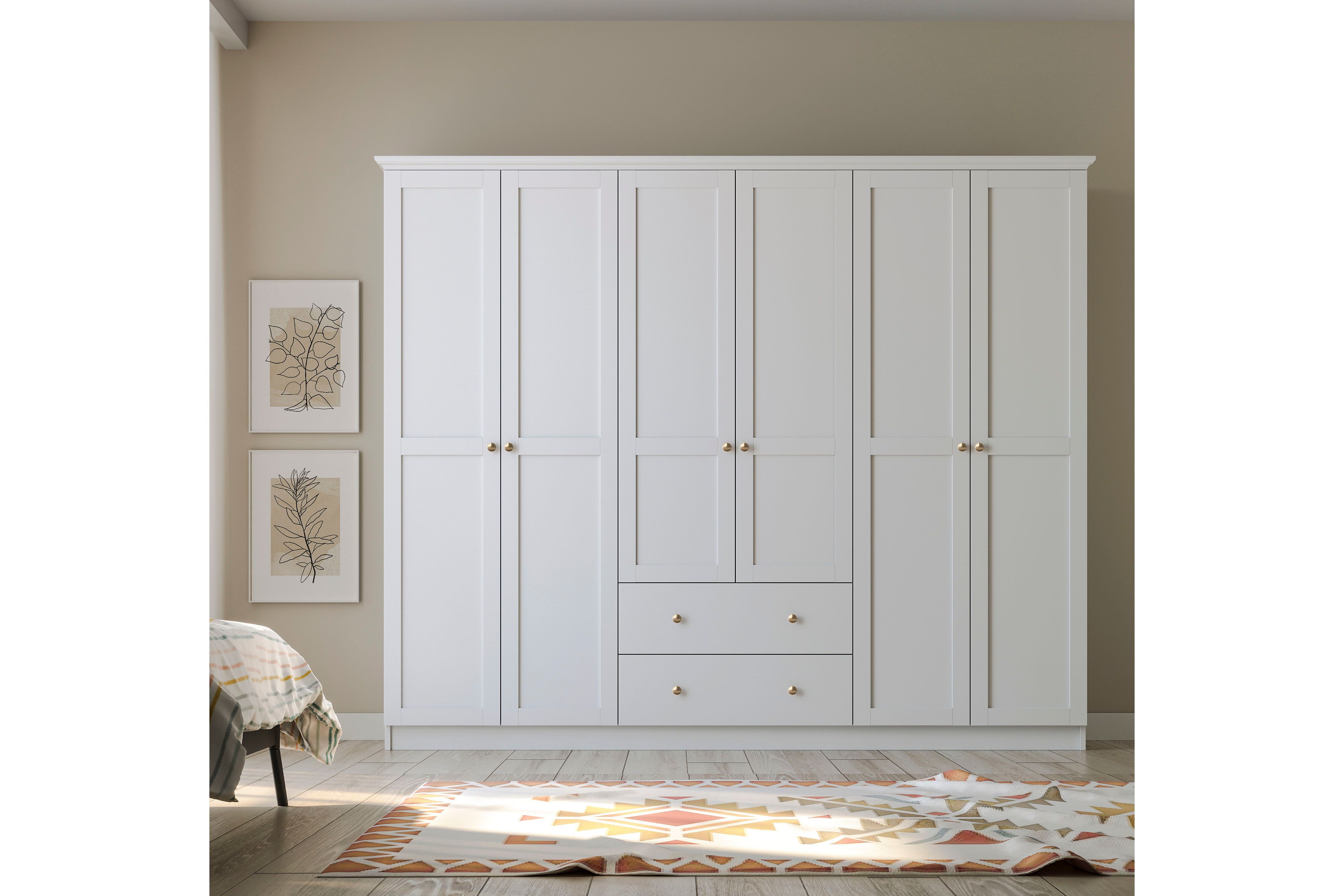 Zenio Side 6 Door with 2 Drawers Wardrobe, White | Vivense London